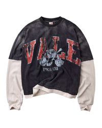 Vale Forever Big Brother L/S Tee black, layered tee with cream waffle-knit sleeves and cracked VALE print, front view