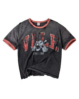 Vale Forever Big Brother Ringer Tee black, washed cotton ringer tee with rust trim and a distressed Vale skull graphic, front view