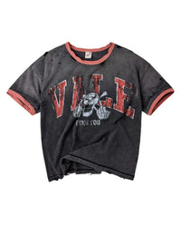Vale Forever Big Brother Ringer Tee black, washed cotton ringer tee with rust trim and a distressed Vale skull graphic, front view