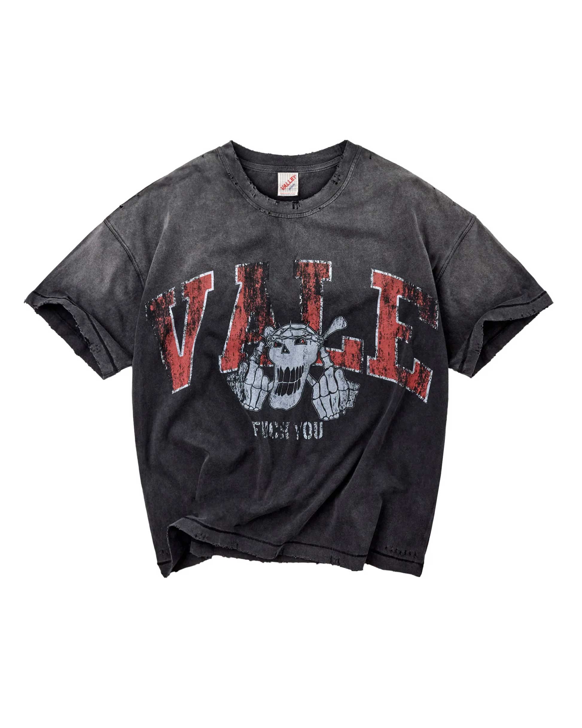 Vale Forever Big Brother Tee black, washed distressed tee with arched red VALE lettering and grey ape-head crest, front view