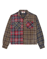 Vale Forever Billie Flannel red/brown, patchwork button-up spliced from red tartan, brown windowpane and navy check panels, front view