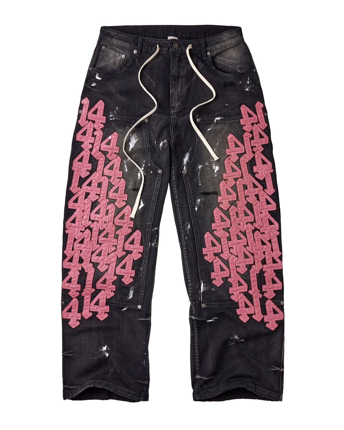 Vale Forever Black Cat Denim Jeans pink 14s, washed black wide-leg jeans with pink 14 graphics, front view