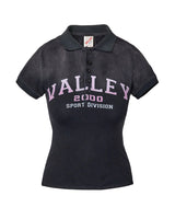 Vale Forever Blackberry Women's Polo Tee black, fitted polo with pink Valley Sport Division lettering, front view