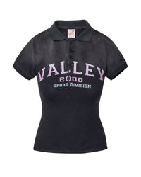 Vale Forever Blackberry Women's Polo Tee black, fitted polo with pink Valley Sport Division lettering, front view