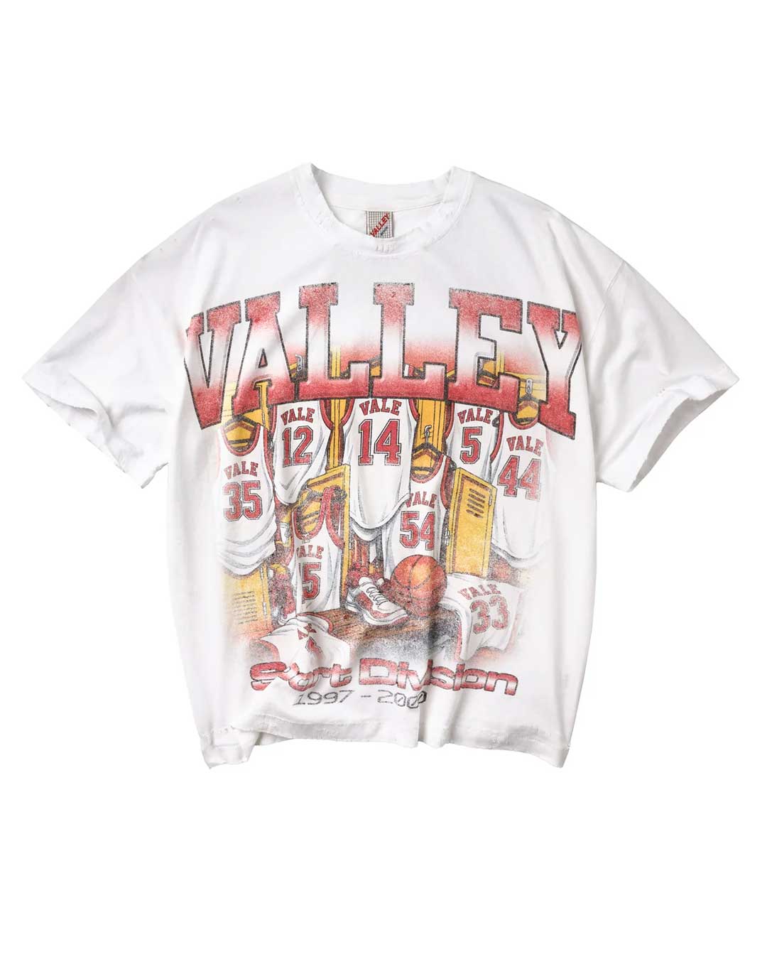 Vale Forever Bleachers Tee white, cotton tee with an arched VALLEY wordmark over a locker-room jersey graphic, front view