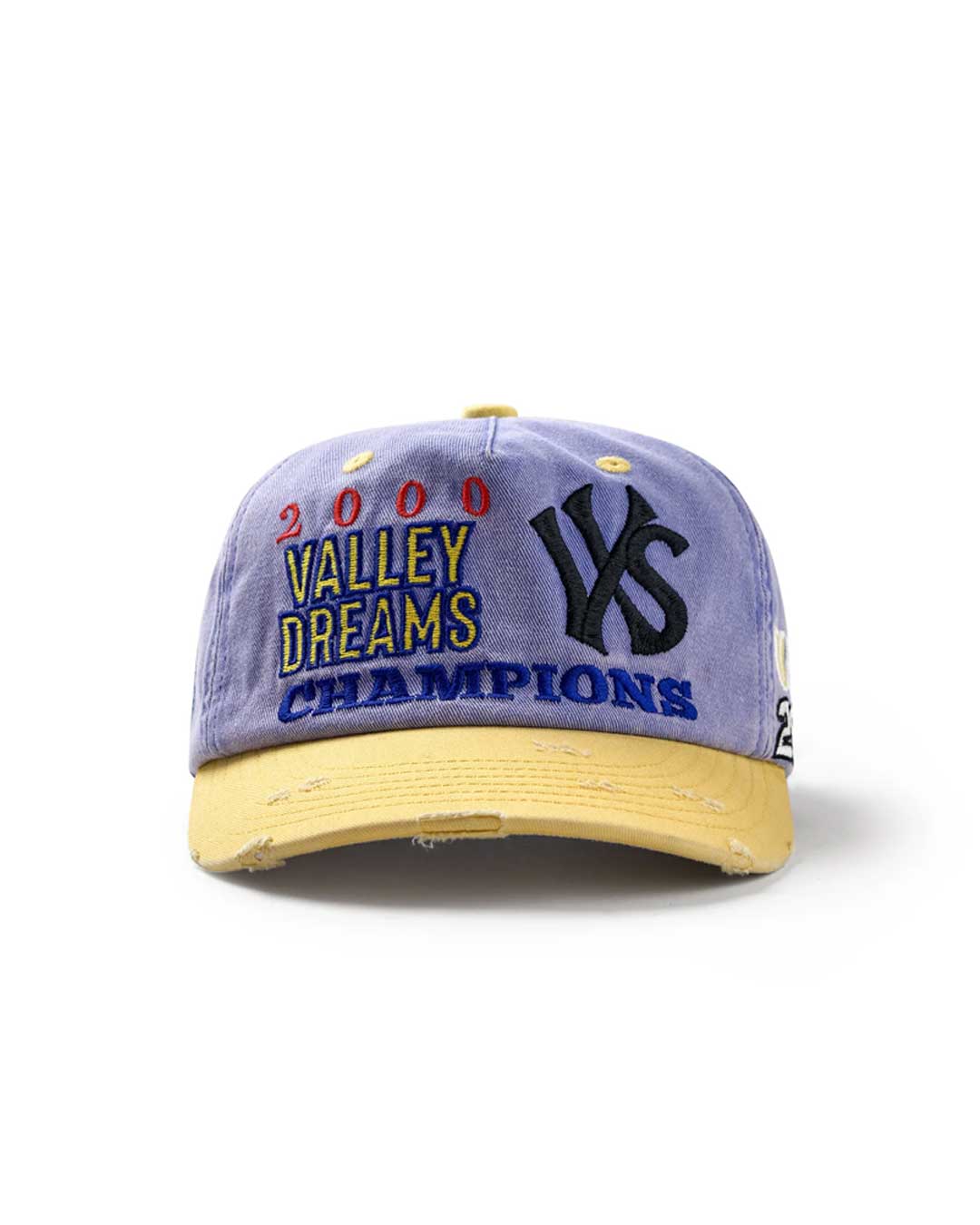Vale Forever Blue Day Cap blue, washed periwinkle cap with a yellow brim and Valley Dreams Champions embroidery, front view