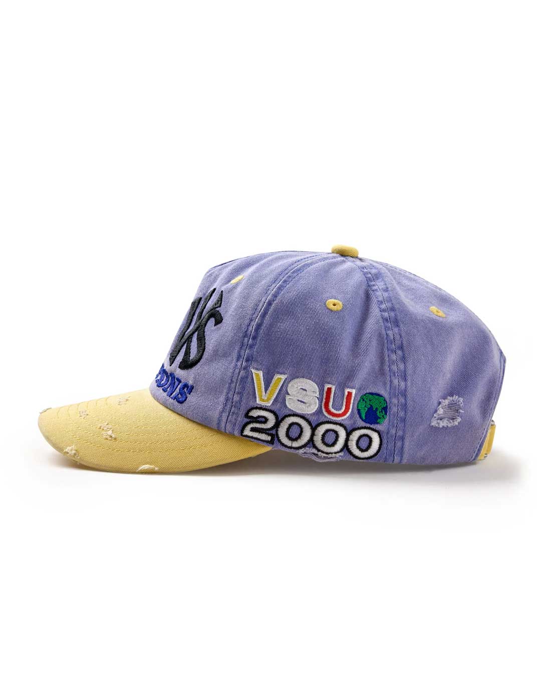 Vale Forever Blue Day Cap blue, side view of the distressed periwinkle crown