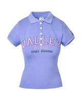 Vale Forever Blueberry Women's Polo Tee purple, fitted polo with Valley Sport Division lettering, front view