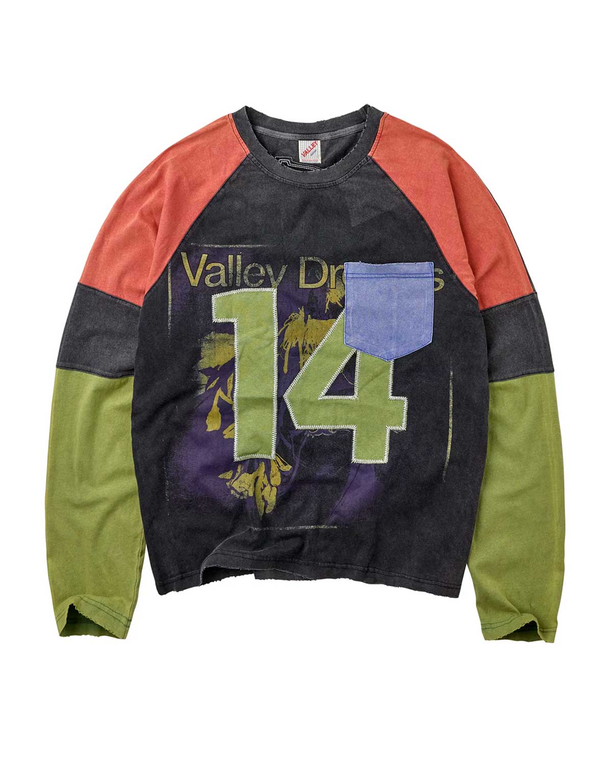 Vale Forever Boomerang L/S Tee black, long-sleeve tee with rust and olive colorblock sleeves, appliqué 14 and blue chest pocket, front view
