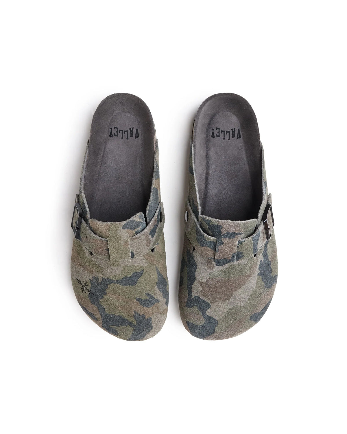 Vale Forever Camo Clogs green, pair of camo-printed suede clogs, top-down view