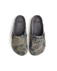 Vale Forever Camo Clogs green, pair of camo-printed suede clogs, top-down view