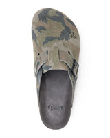 Vale Forever Camo Clogs green, top-down view of a single clog showing the grey footbed