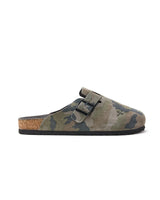 Vale Forever Camo Clogs green, side profile showing the buckle strap, contoured footbed and black outsole