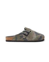 Vale Forever Camo Clogs green, side profile showing the buckle strap, contoured footbed and black outsole