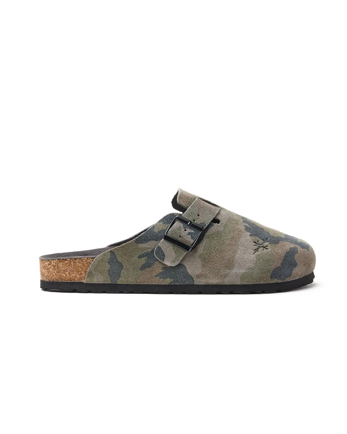 Vale Forever Camo Clogs green, side profile showing the buckle strap, contoured footbed and black outsole