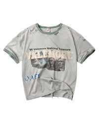 Vale Forever Camp Ringer Tee green, distressed sage ringer tee with a Mt Valemore National Treasure souvenir print, front view