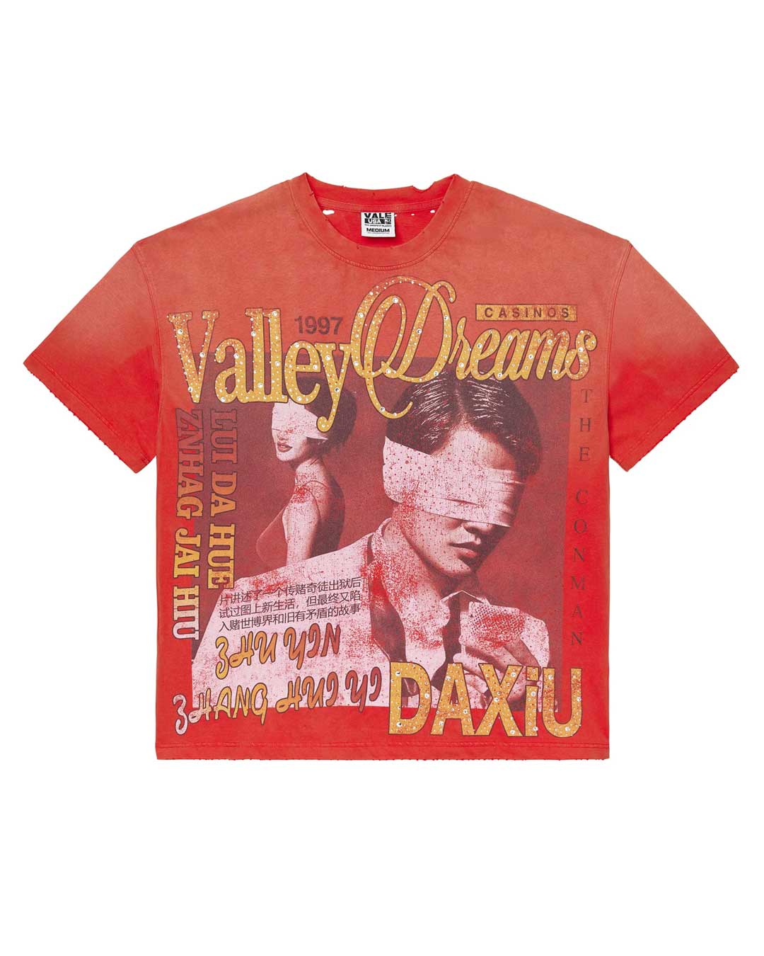 Vale Forever Casino Bling Tee red, sun-faded cotton tee with a gold-glitter Valley Dreams casino collage, front view