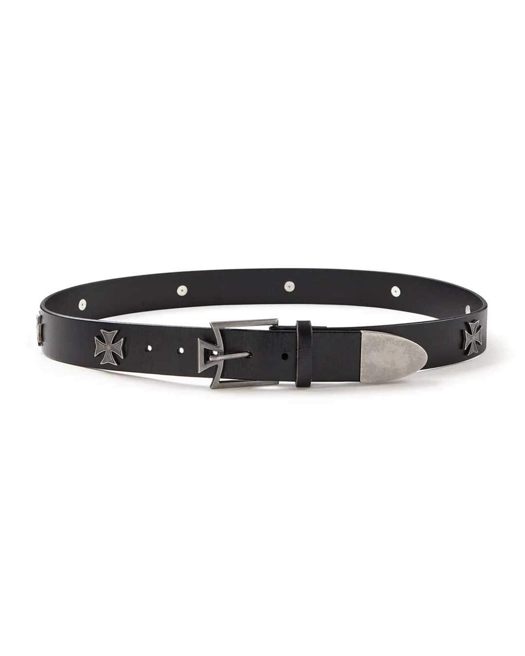 Vale Forever Cemetery Belt black, slim leather belt with silver cross conchos and an arrow-point buckle