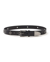 Vale Forever Cemetery Belt black, slim leather belt with silver cross conchos and an arrow-point buckle