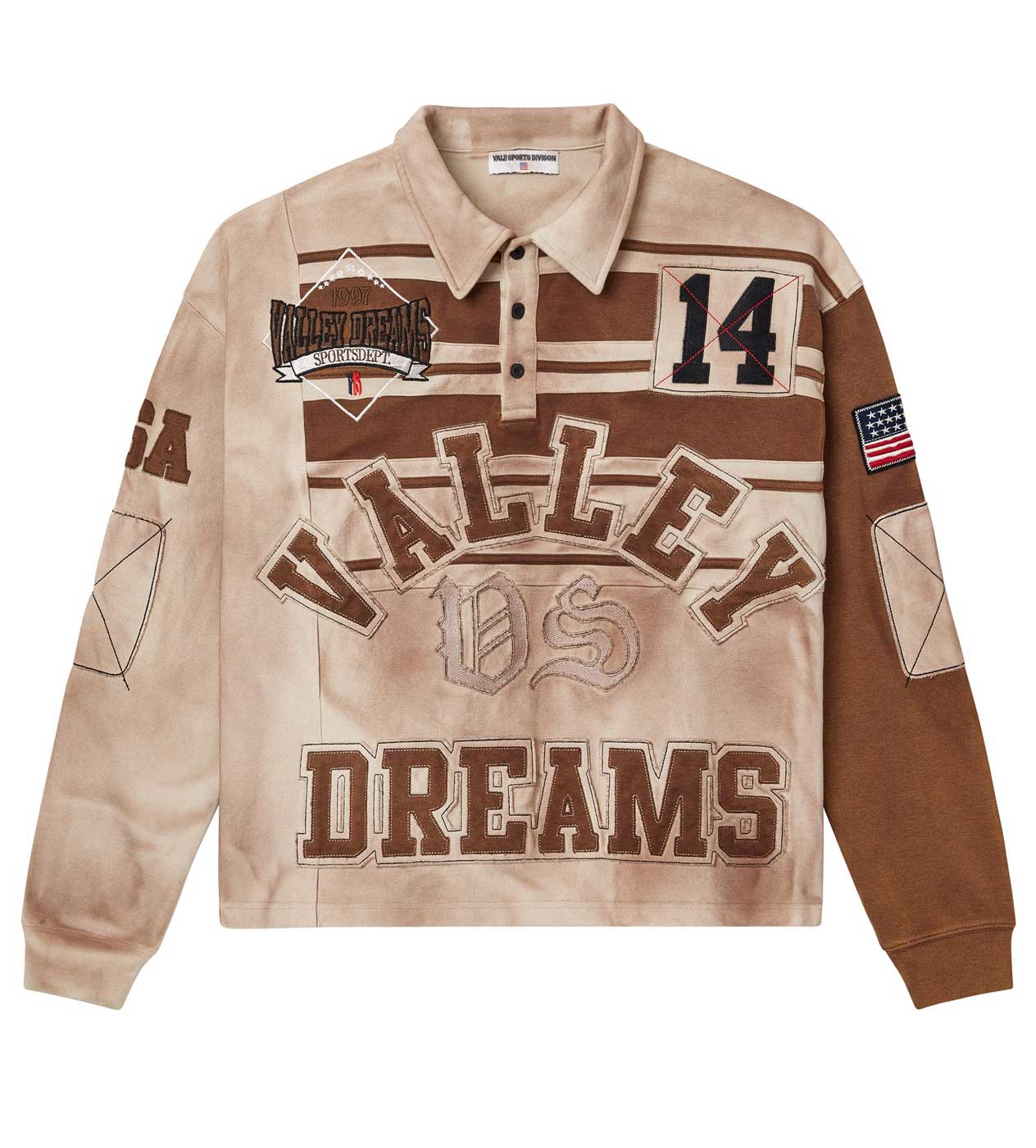 Vale Forever Chocolate Classic Rugby L/S Tee brown, tonal colorblock rugby with felt VALLEY VS DREAMS lettering, front view