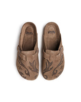Vale Forever Chocolate Clogs brown, pair of brown suede clogs with a tribal flame print, top-down view