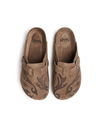 Vale Forever Chocolate Clogs brown, pair of brown suede clogs with a tribal flame print, top-down view