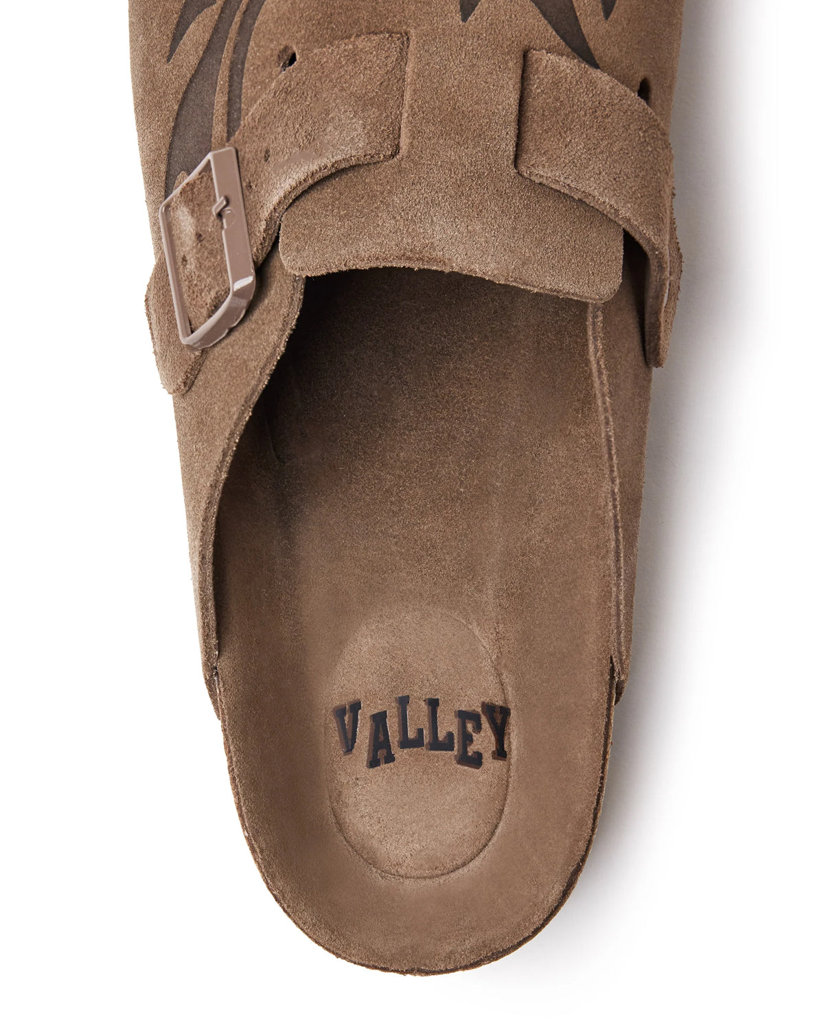 Vale Forever Chocolate Clogs brown, close-up of the footbed stamped Valley
