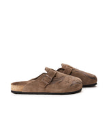 Vale Forever Chocolate Clogs brown, side profile showing the buckle strap, contoured footbed and black outsole