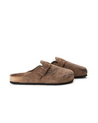 Vale Forever Chocolate Clogs brown, side profile showing the buckle strap, contoured footbed and black outsole