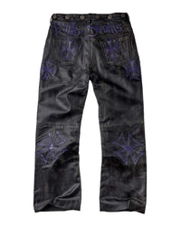 Vale Forever Croxxx Leather Pants black and blue, embroidered cross detailing on the back pockets, back view