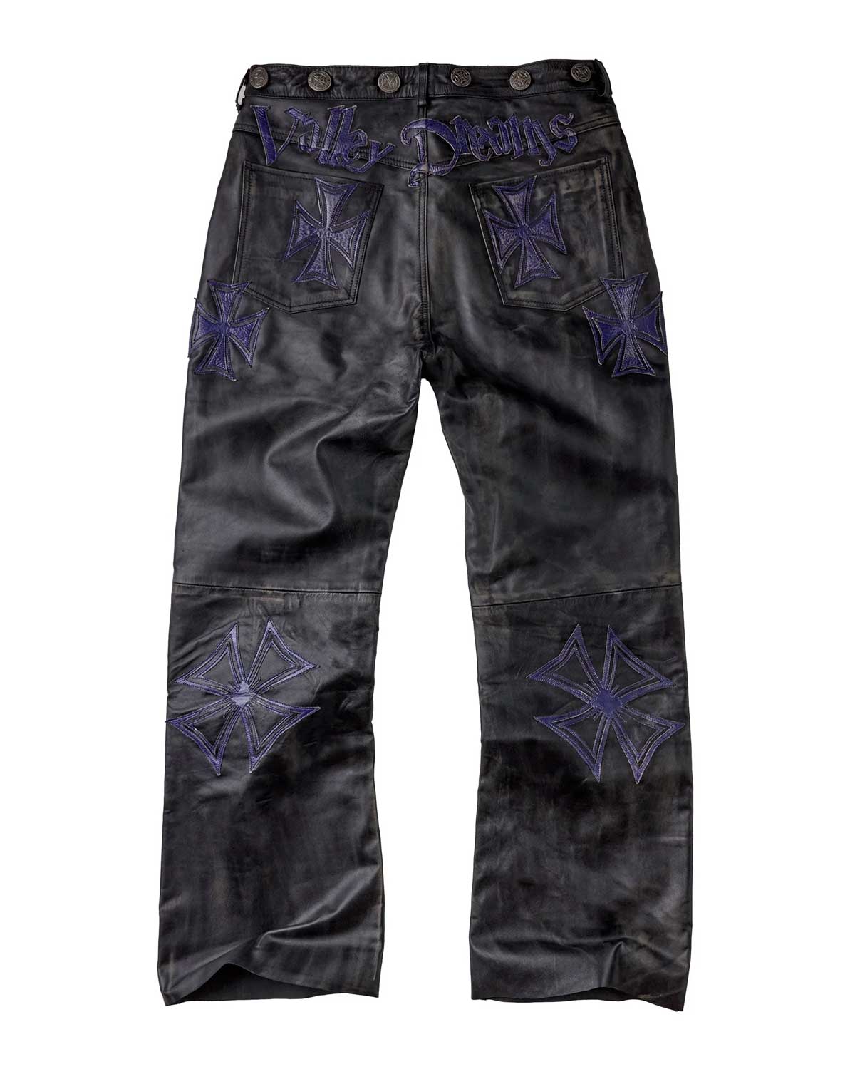 Vale Forever Croxxx Leather Pants black and blue, embroidered cross detailing on the back pockets, back view