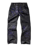 Vale Forever Croxxx Leather Pants black and blue, black leather with purple-blue embroidered crosses, front view