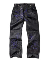 Vale Forever Croxxx Leather Pants black and blue, black leather with purple-blue embroidered crosses, front view