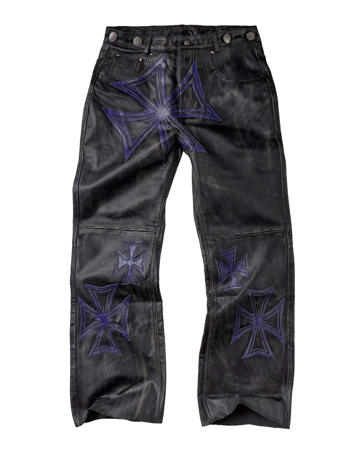 Vale Forever Croxxx Leather Pants black and blue, black leather with purple-blue embroidered crosses, front view