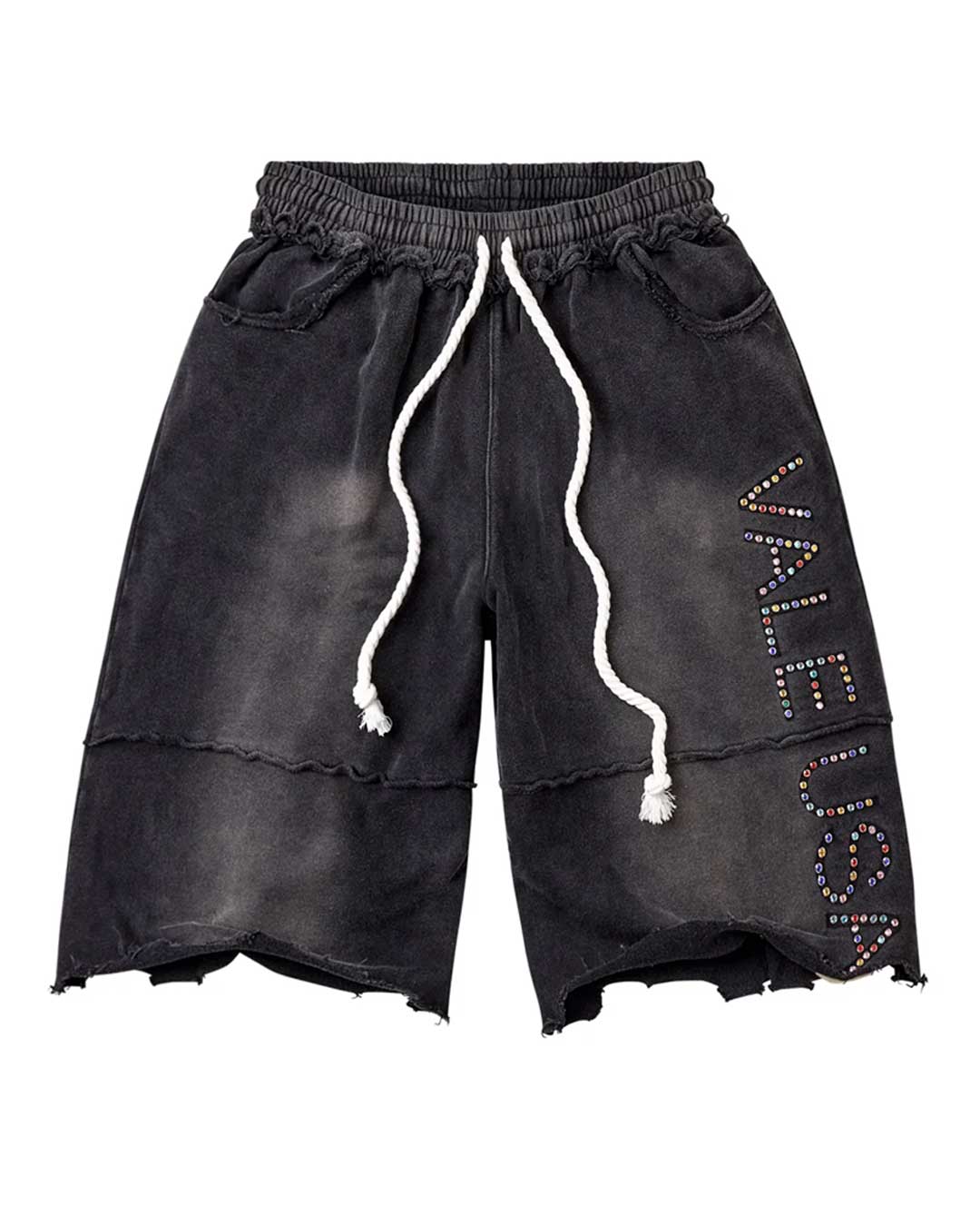 Vale Forever DIY Vale USA Sworts black, washed raw-cut sweat shorts with a multicolour rhinestone Vale USA leg, front view