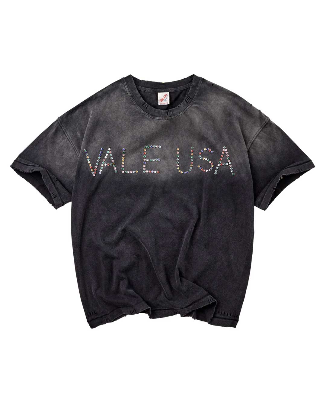 Vale Forever DIY Vale USA Tee black, washed cotton tee with a multicolour rhinestone Vale USA chest, front view