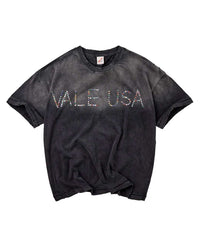 Vale Forever DIY Vale USA Tee black, washed cotton tee with a multicolour rhinestone Vale USA chest, front view
