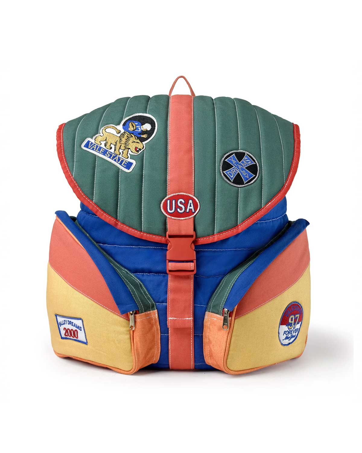 Vale Forever Diegos Backpack multicolor, quilted green flap with USA buckle plate and patches, front view