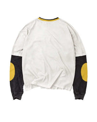 Vale Forever Dog Yard Layered L/S Tee white, plain back view with black long sleeves and yellow elbow patches