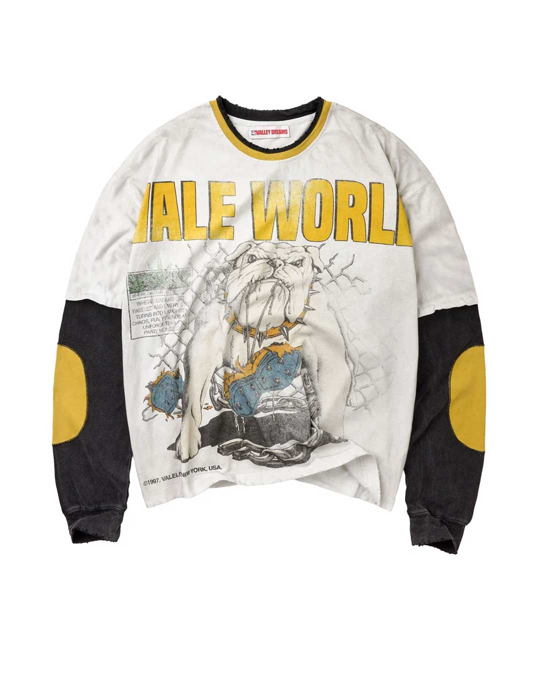 Vale Forever Dog Yard Layered L/S Tee white, layered tee with black long sleeves, yellow elbow patches and a Vale World bulldog graphic, front view