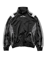 Vale Forever Dr Doom Track Suit Top black, full-zip track jacket with stand collar, white sleeve stripes and grey side panels, front view