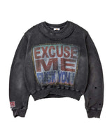 Vale Forever Excuse Me Crewneck black, washed black sweatshirt with stitched EXCUSE ME placard panel and raw-cut hem, front view