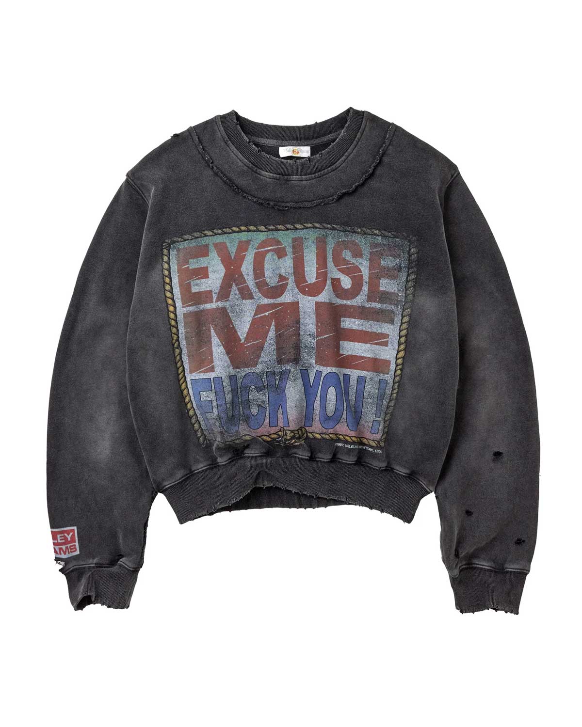 Vale Forever Excuse Me Crewneck black, washed black sweatshirt with stitched EXCUSE ME placard panel and raw-cut hem, front view