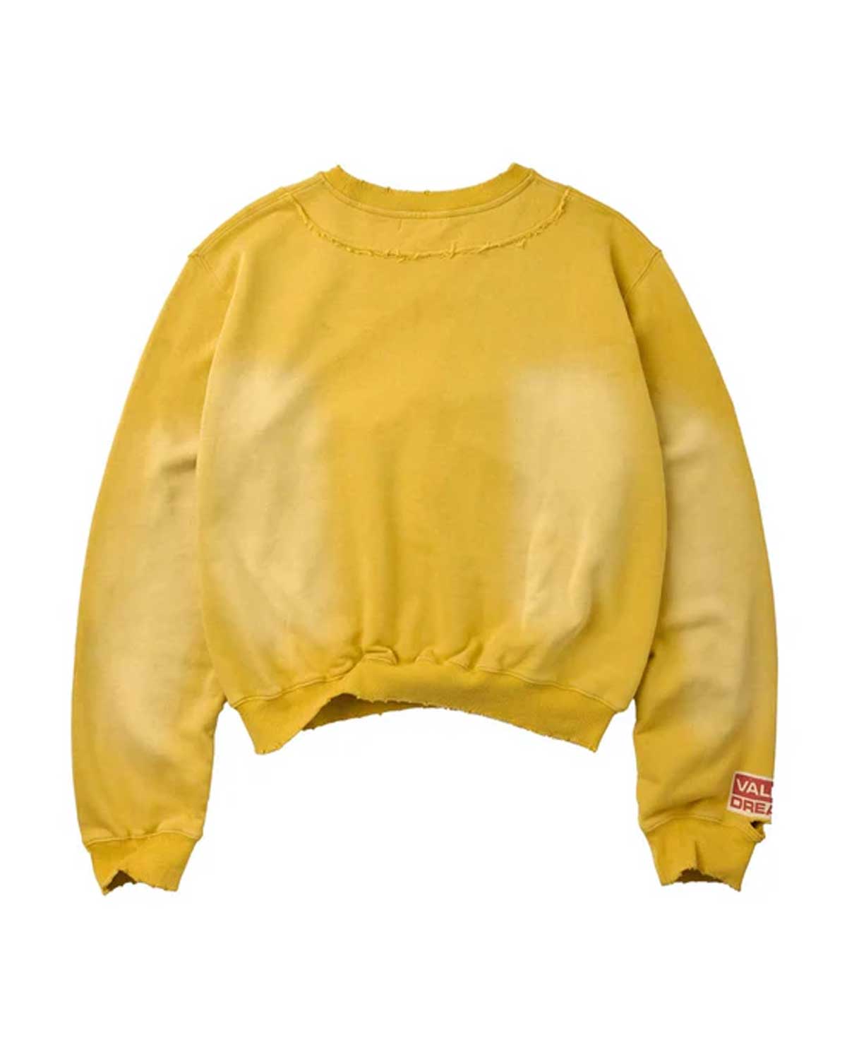 Vale Forever Excuse Me Crewneck yellow, plain sun-faded yellow back with red woven cuff tag, back view