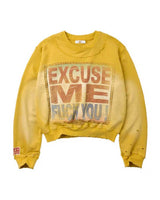 Vale Forever Excuse Me Crewneck yellow, sun-faded yellow sweatshirt with stitched EXCUSE ME placard panel, front view