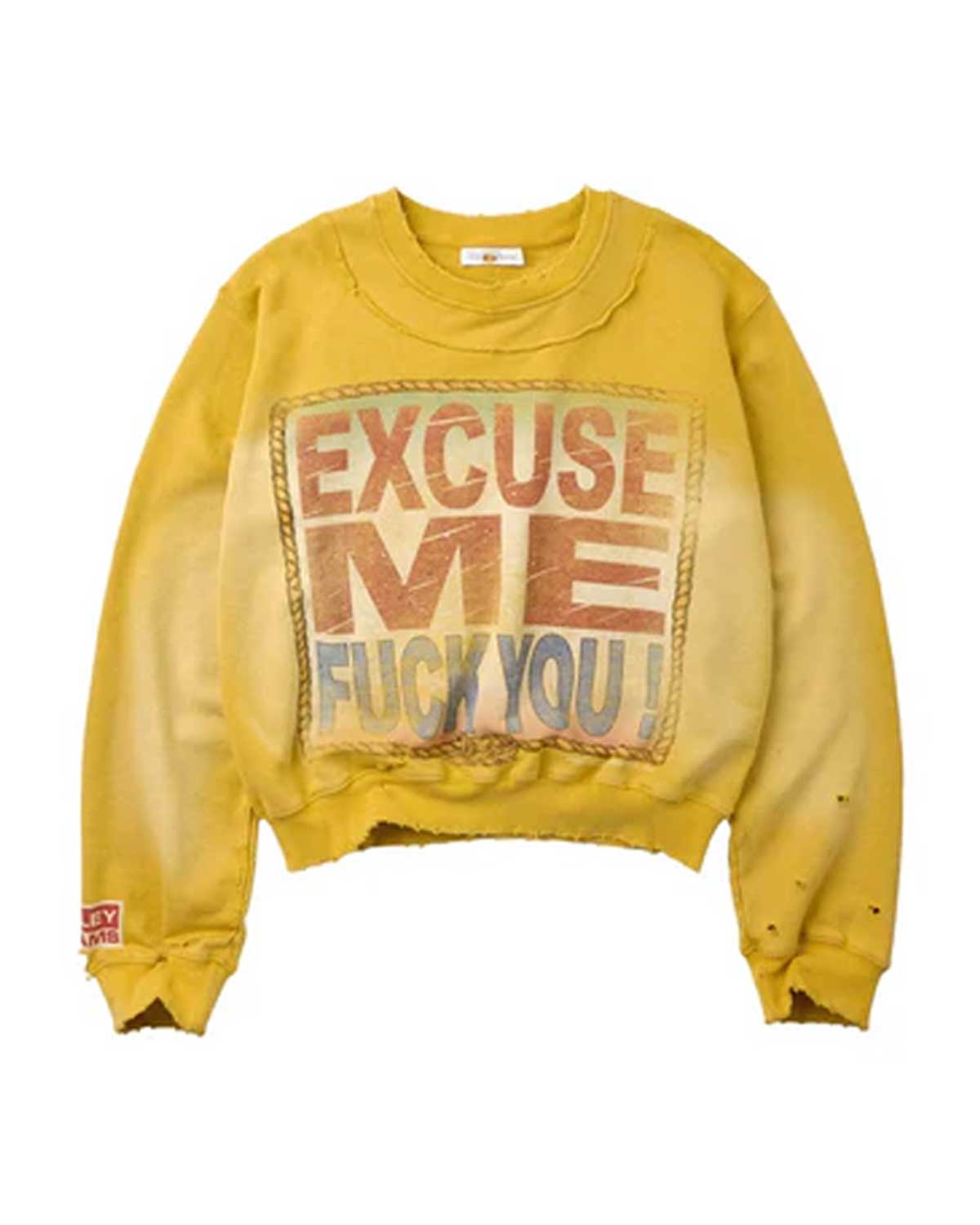 Vale Forever Excuse Me Crewneck yellow, sun-faded yellow sweatshirt with stitched EXCUSE ME placard panel, front view