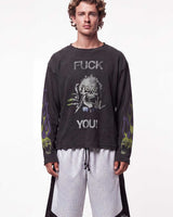 Vale Forever F**k You Thermal black, upper body front view on model showing the stacked skull graphic and flame sleeves