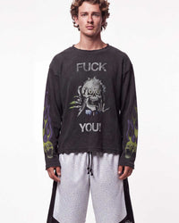 Vale Forever F**k You Thermal black, upper body front view on model showing the stacked skull graphic and flame sleeves