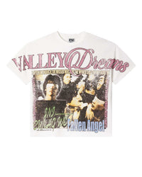 Vale Forever Fallen Bling Tee white, cotton tee with a rhinestone Valley Dreams arch over a portrait collage, front view