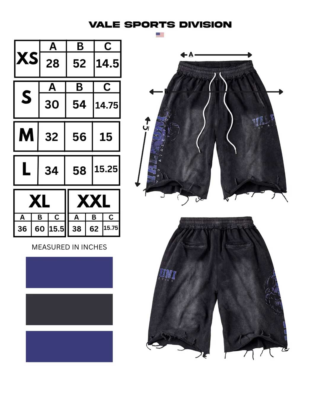 Vale Forever Football Kountry Swort black, size chart with measurements in inches